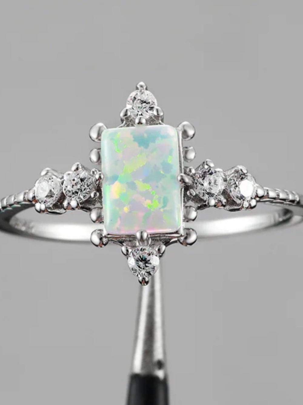 Opal Halo S925 Sterling Silver Ring with White Fire Opal Center. New. - Picture 7 of 9